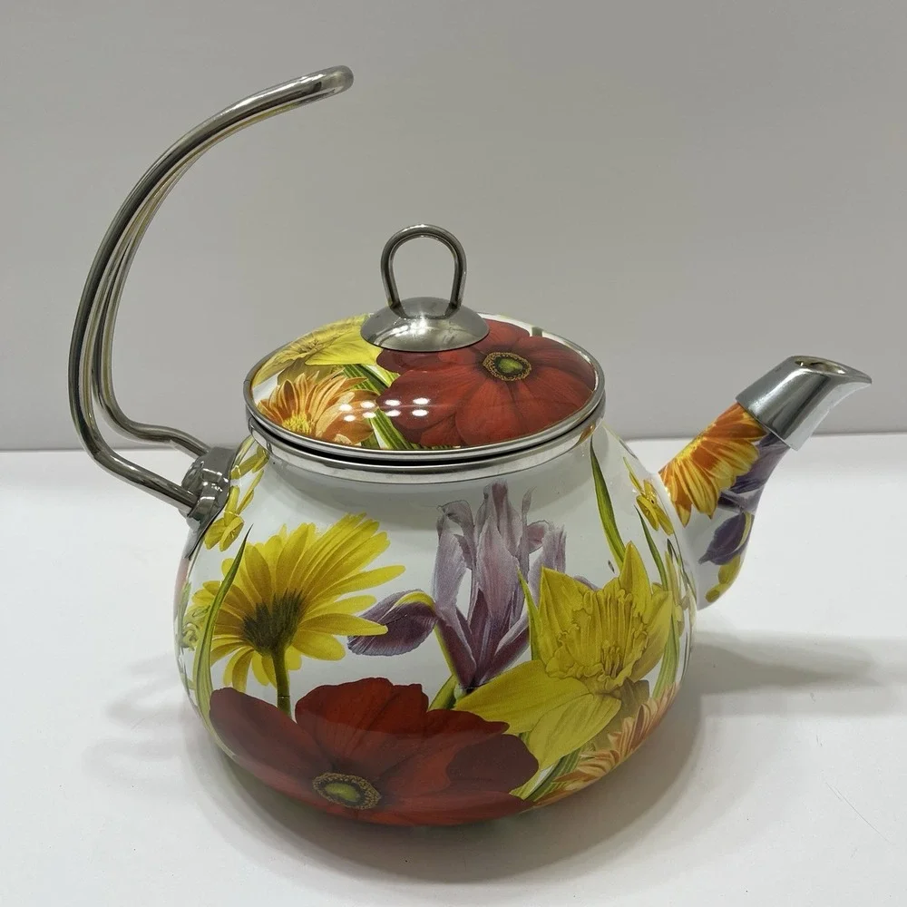 Pioneer Woman 2.3 Quart Enameled Metal Tea Pot Retired Floral Garden Lid Country
